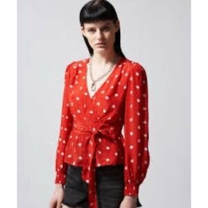 The Kooples Paris Printed Red Top w/ White Dots‎ & Smocking, Size 1 (US XS)